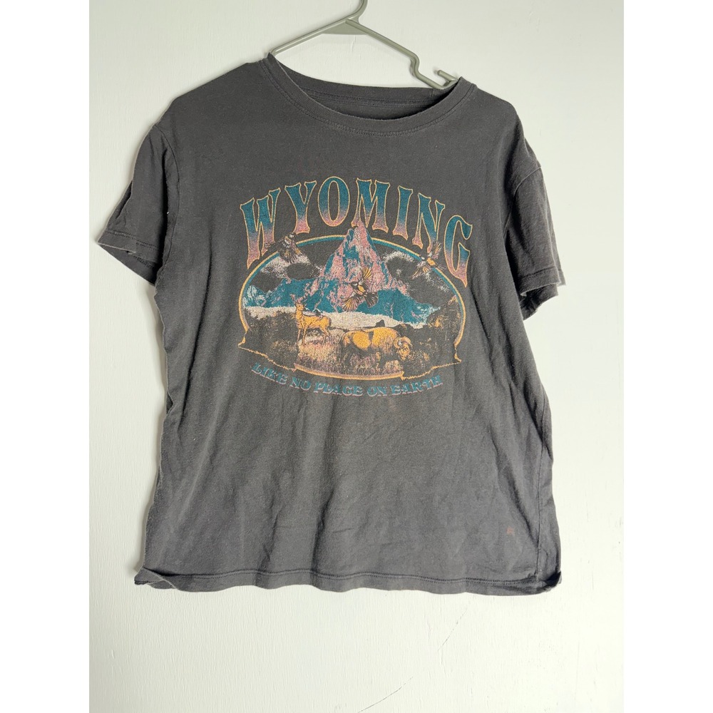 Mighty Fine Wyoming Graphic Tee Charcoal Gray Vintage Style Mountain T-Shirt M